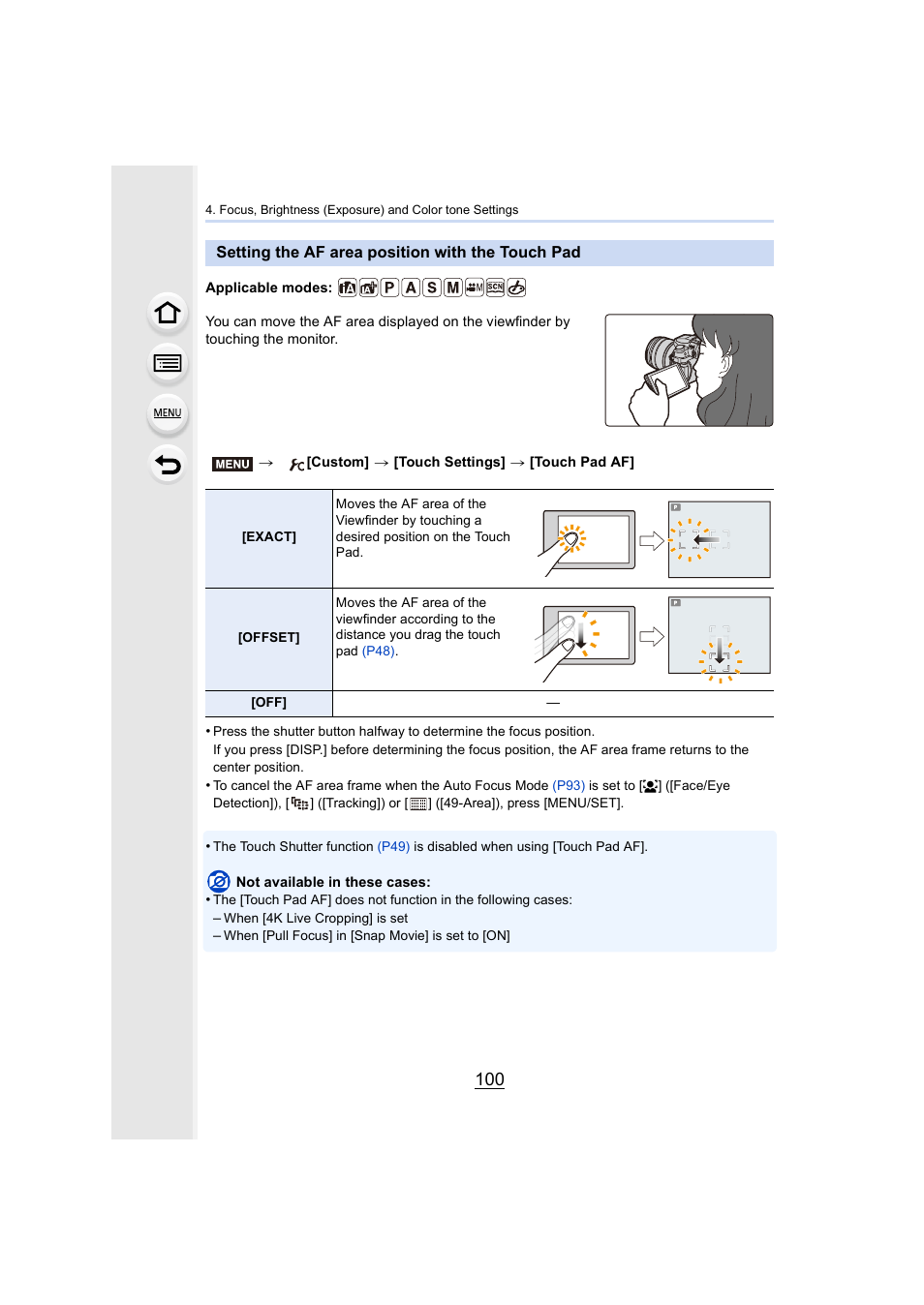 Setting the af area position with the touch pad | Panasonic Lumix DMC-G85M User Manual | Page 100 / 338