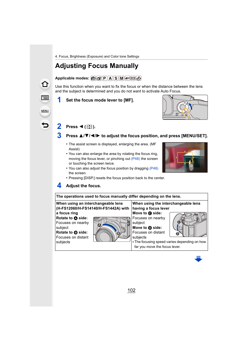 Adjusting focus manually, P102, Ring | P102) | Panasonic Lumix DMC-G85M User Manual | Page 102 / 338