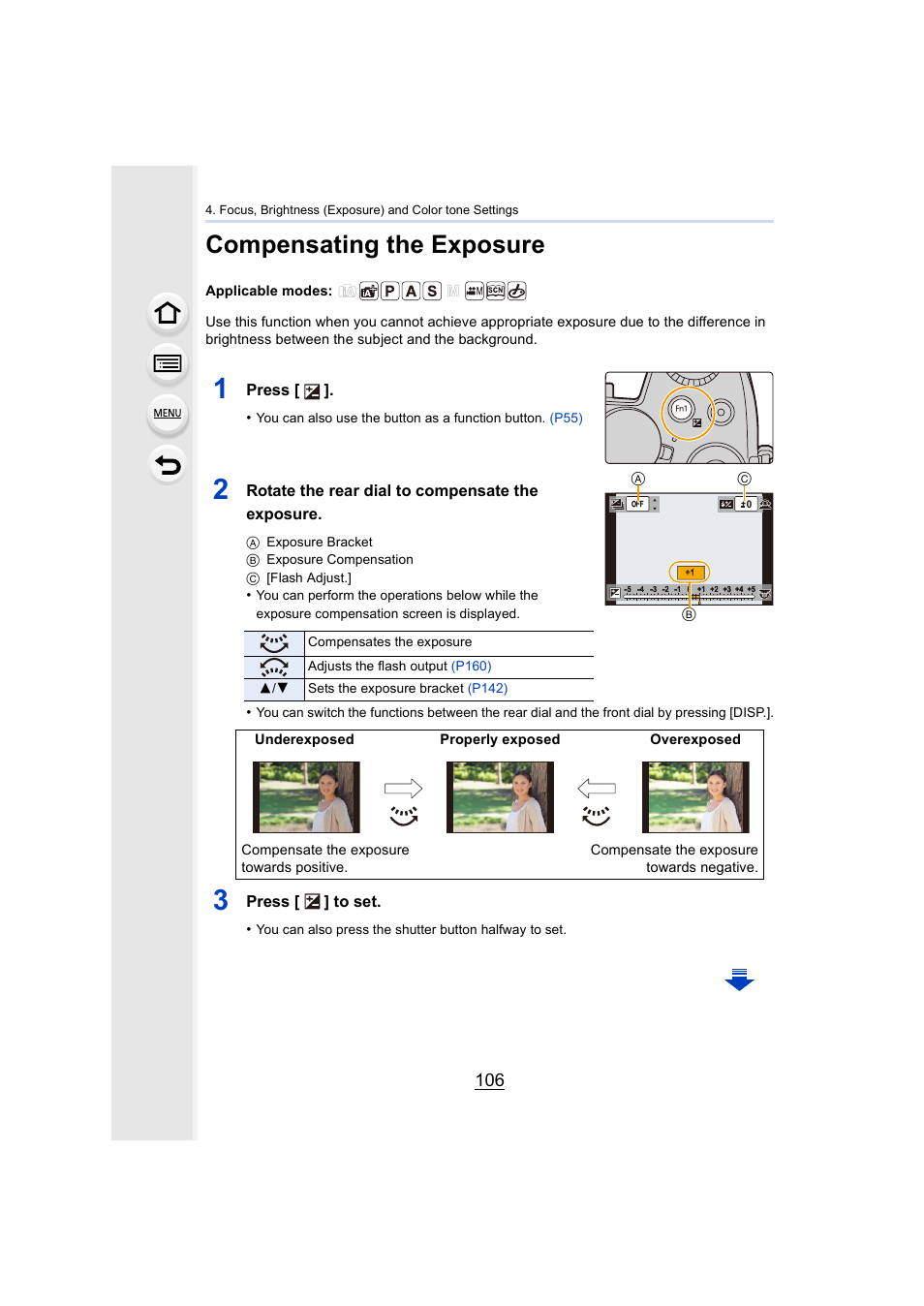 Compensating the exposure, P106, P106) | Fn1] button | Panasonic Lumix DMC-G85M User Manual | Page 106 / 338