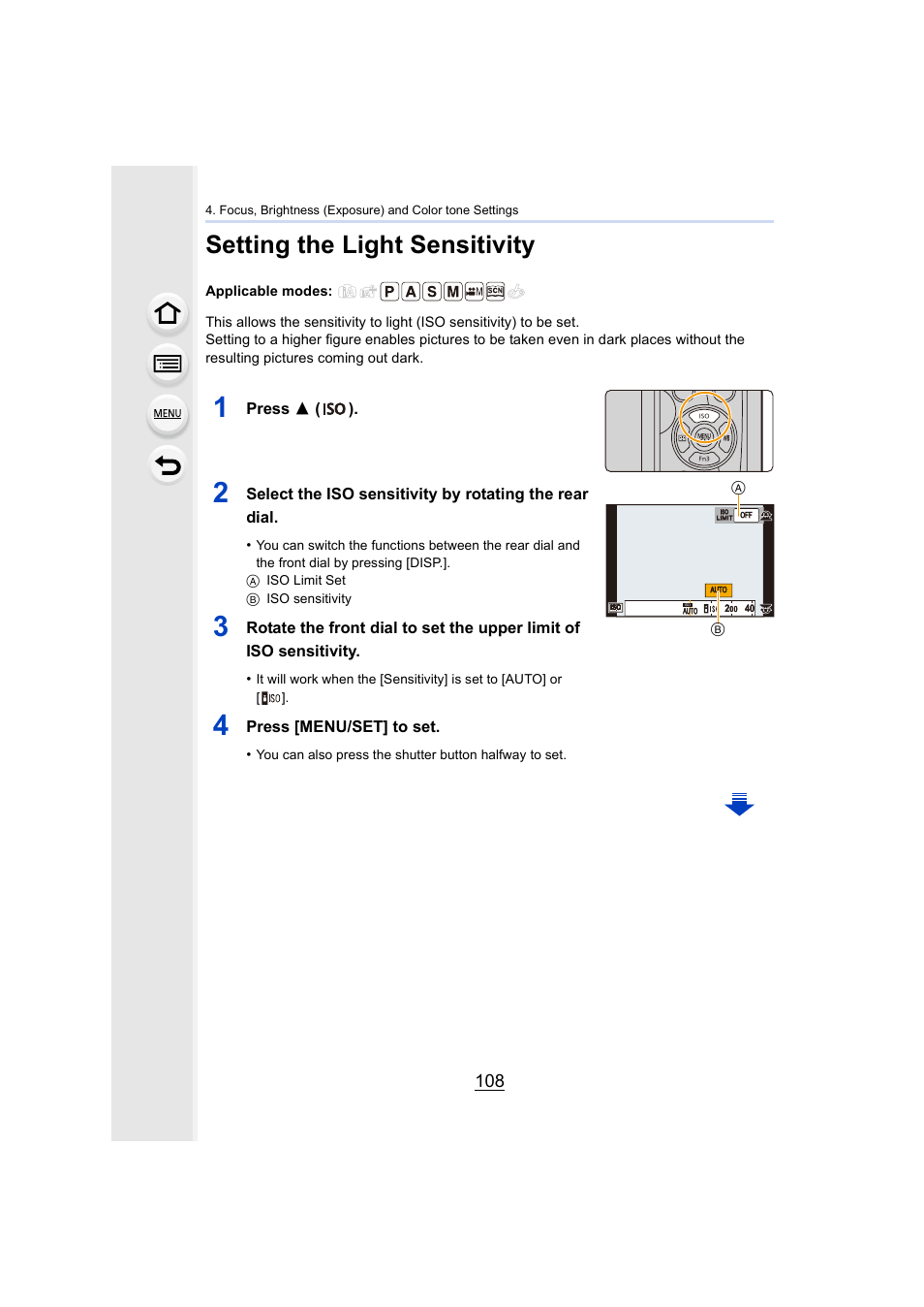 Setting the light sensitivity, P108, Iso sensitivity) | P108), Press 3 ( ), Press [menu/set] to set | Panasonic Lumix DMC-G85M User Manual | Page 108 / 338