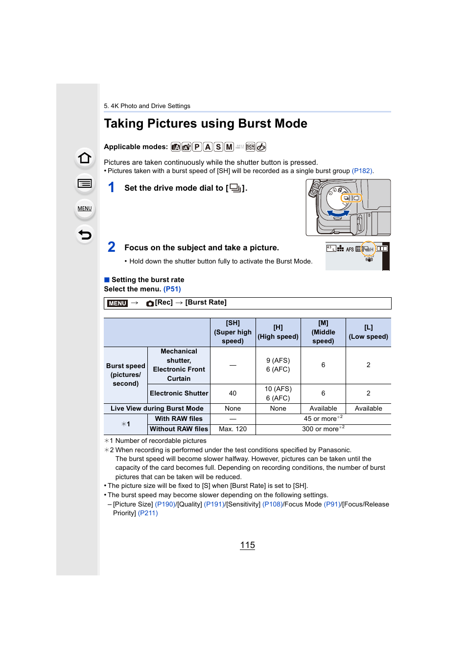 Taking pictures using burst mode, P115, P115) | Panasonic Lumix DMC-G85M User Manual | Page 115 / 338