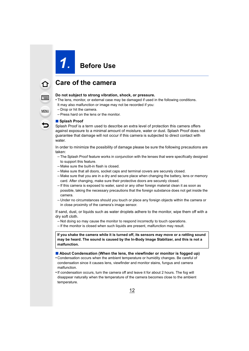 Before use, Care of the camera, Before use care of the camera | Panasonic Lumix DMC-G85M User Manual | Page 12 / 338