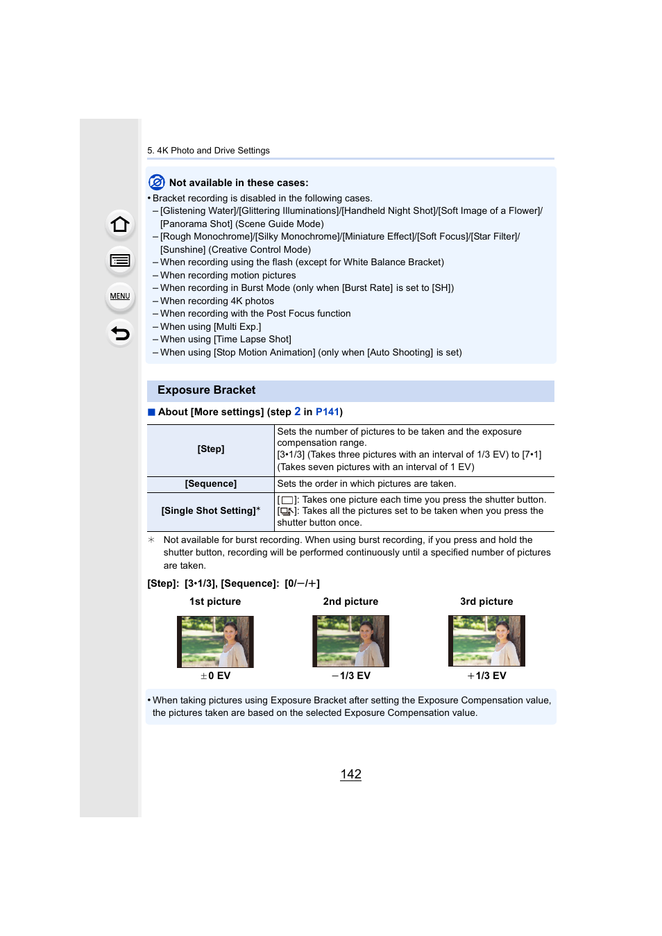 Exposure bracket, P142, P142) | Panasonic Lumix DMC-G85M User Manual | Page 142 / 338