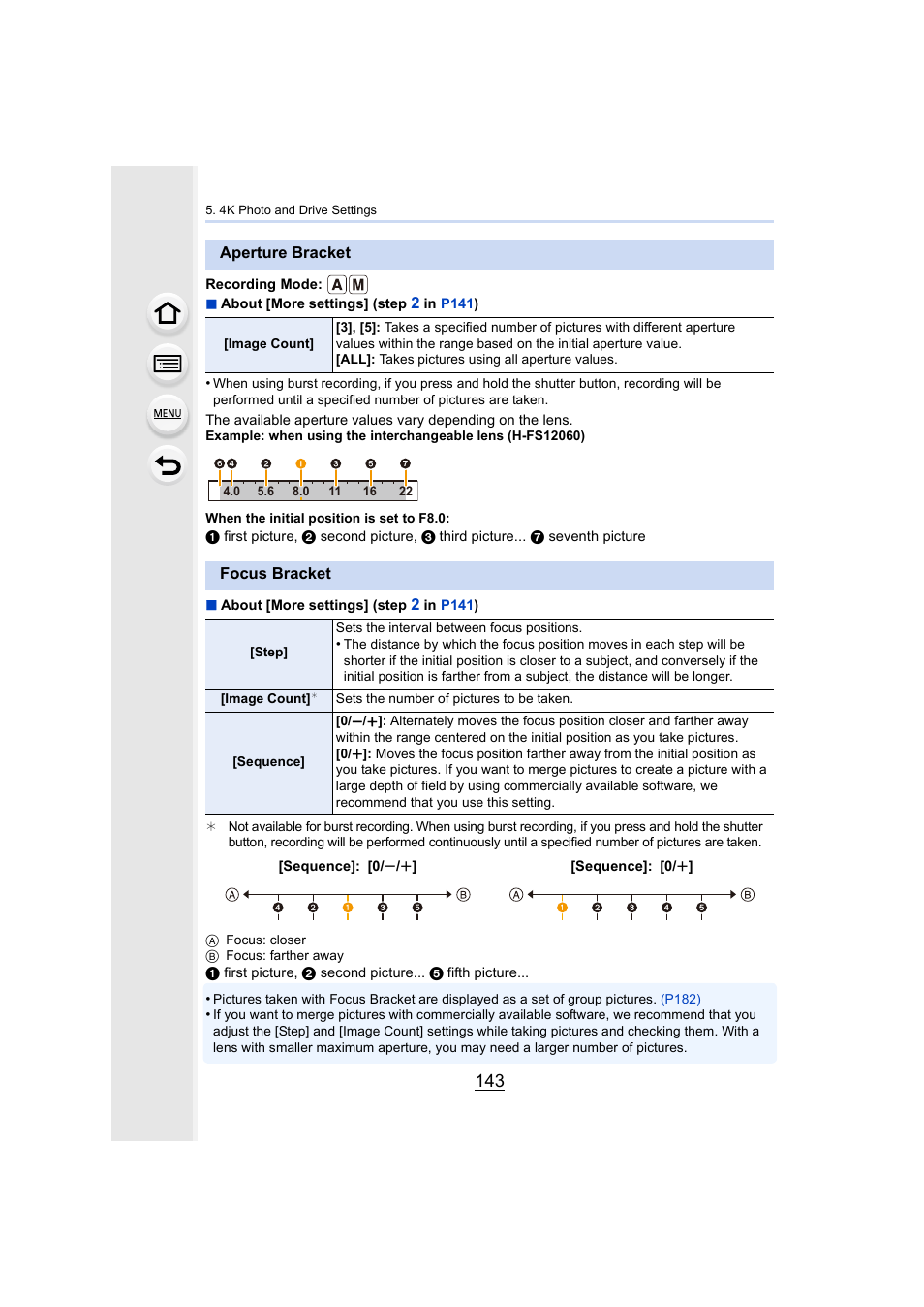 Aperture bracket, Focus bracket, Aperture bracket • focus bracket | P143, P143) | Panasonic Lumix DMC-G85M User Manual | Page 143 / 338