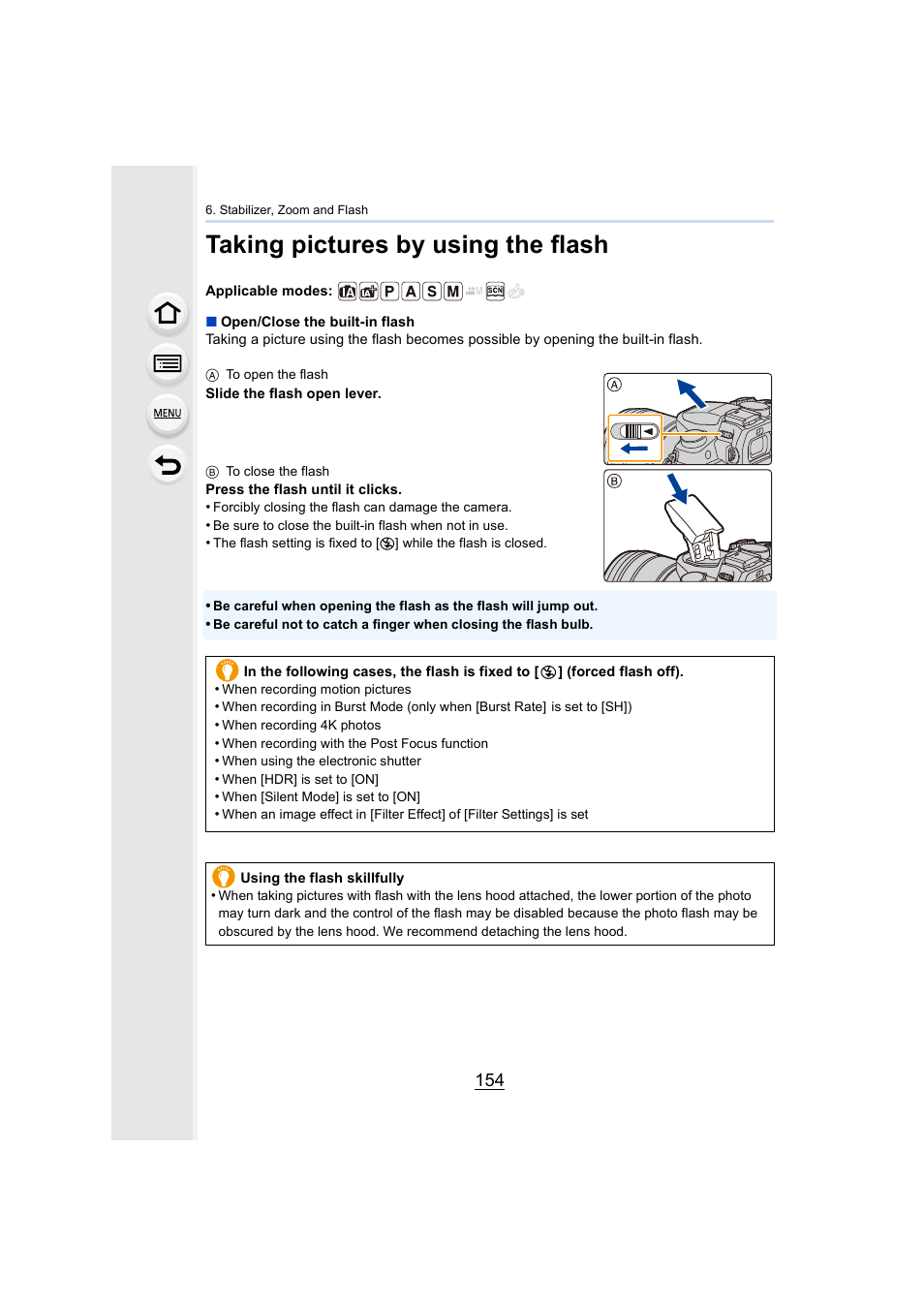 Taking pictures by using the flash, Flash, P154) | Flash open lever | Panasonic Lumix DMC-G85M User Manual | Page 154 / 338