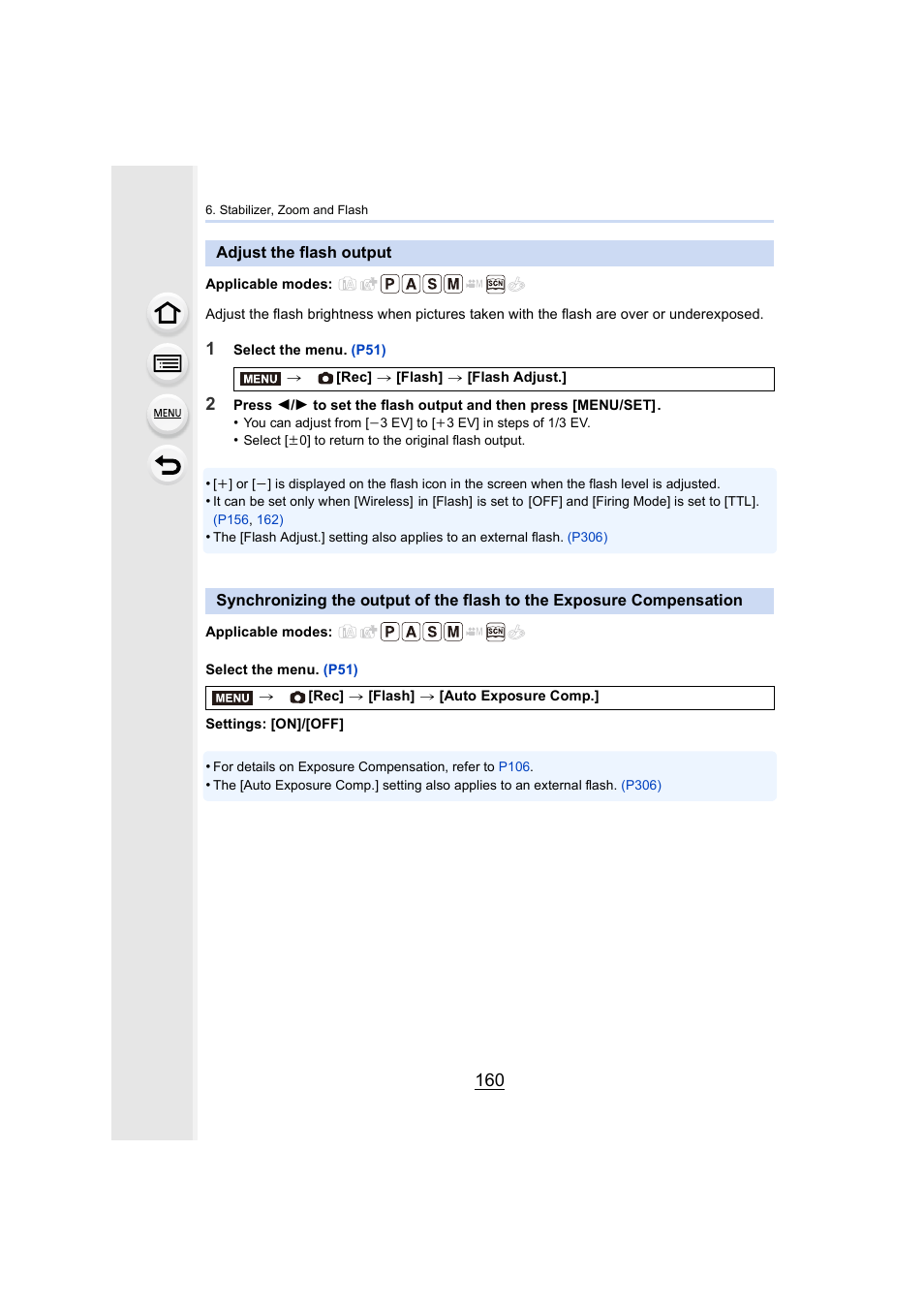 Adjust the flash output, P160, P160) | Panasonic Lumix DMC-G85M User Manual | Page 160 / 338