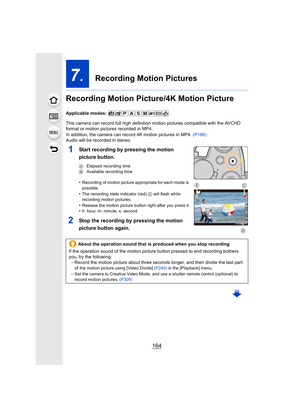 Recording motion pictures, Recording motion picture/4k motion picture, P164 | Picture button, P164) | Panasonic Lumix DMC-G85M User Manual | Page 164 / 338