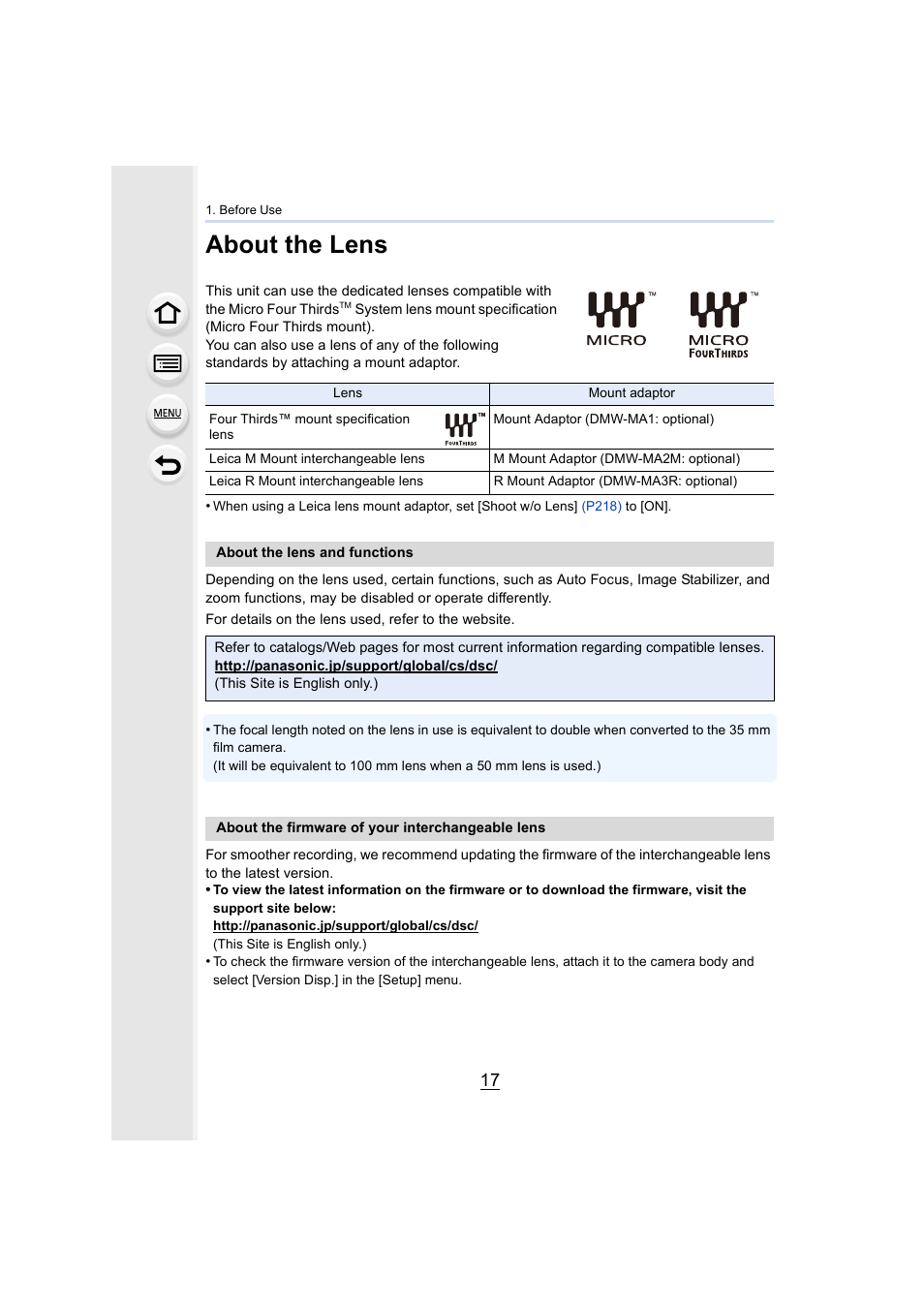 About the lens | Panasonic Lumix DMC-G85M User Manual | Page 17 / 338