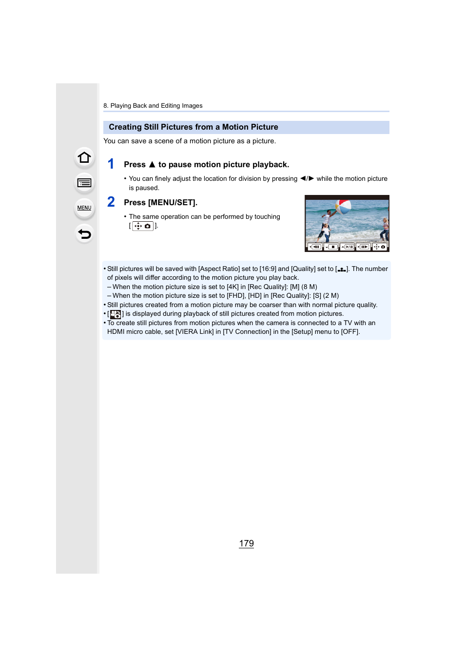 Creating still pictures from a motion picture | Panasonic Lumix DMC-G85M User Manual | Page 179 / 338