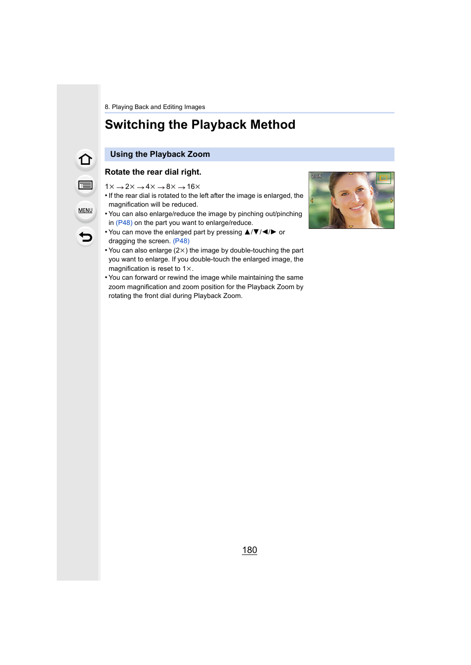 Switching the playback method, Using the playback zoom, P180 | Panasonic Lumix DMC-G85M User Manual | Page 180 / 338