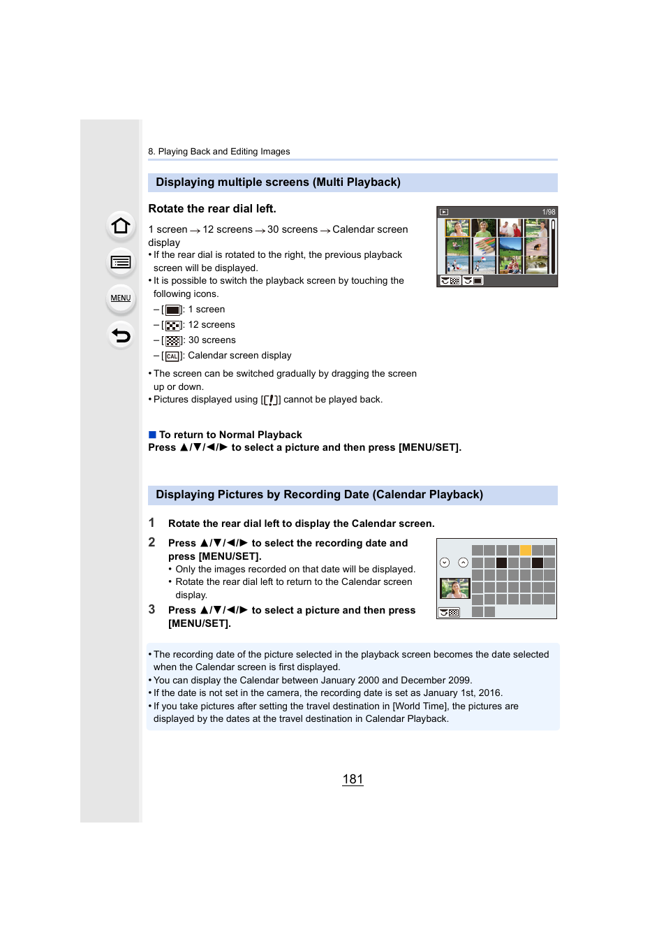 Displaying multiple screens (multi playback), P181 | Panasonic Lumix DMC-G85M User Manual | Page 181 / 338