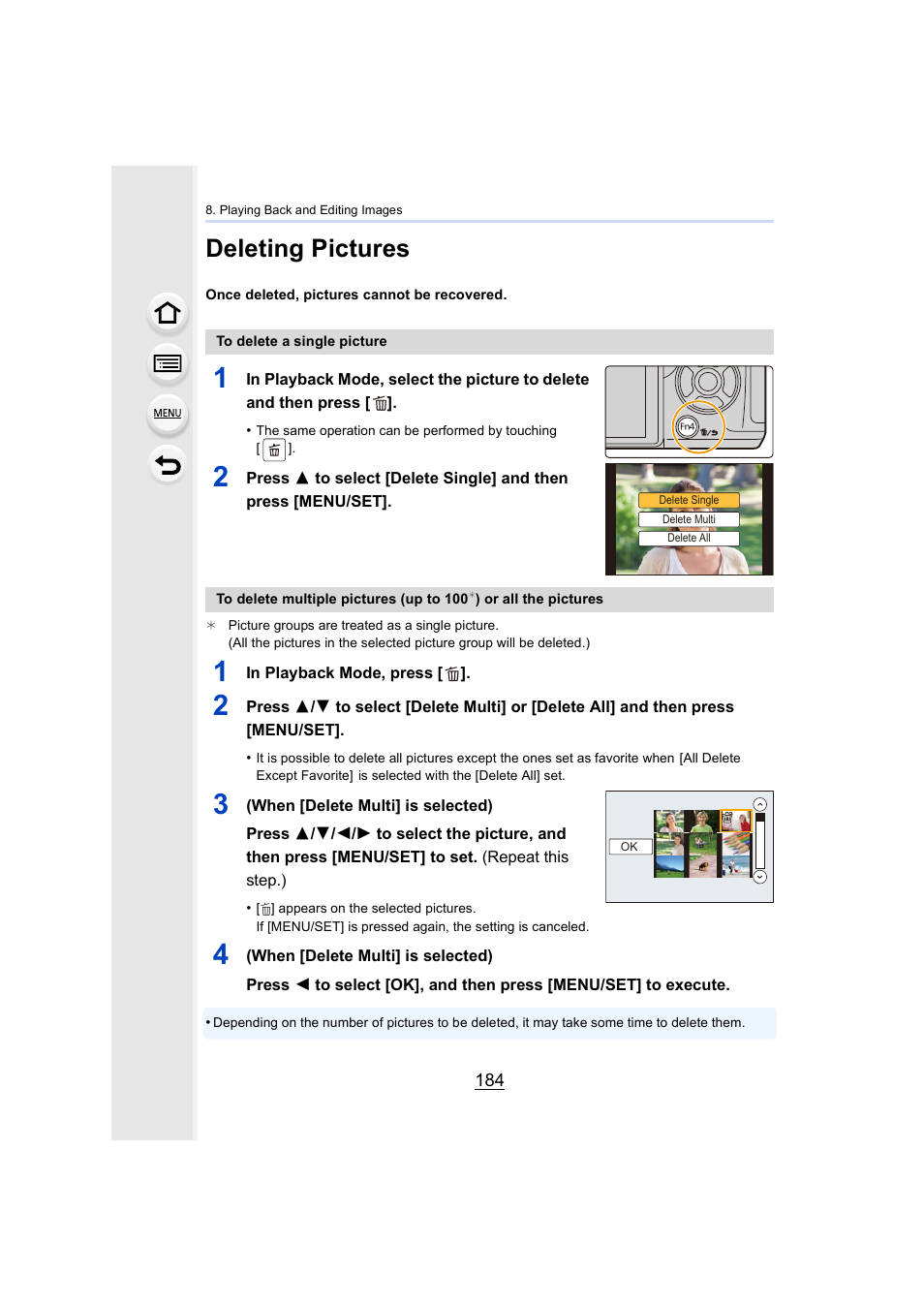 Deleting pictures, P184, Delete/cancel) button | P184) | Panasonic Lumix DMC-G85M User Manual | Page 184 / 338