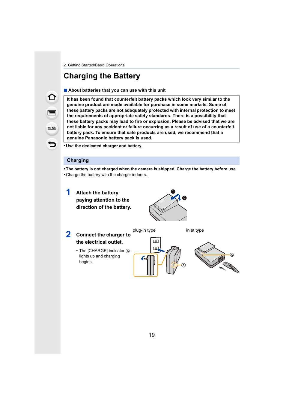 Charging the battery, Charging | Panasonic Lumix DMC-G85M User Manual | Page 19 / 338