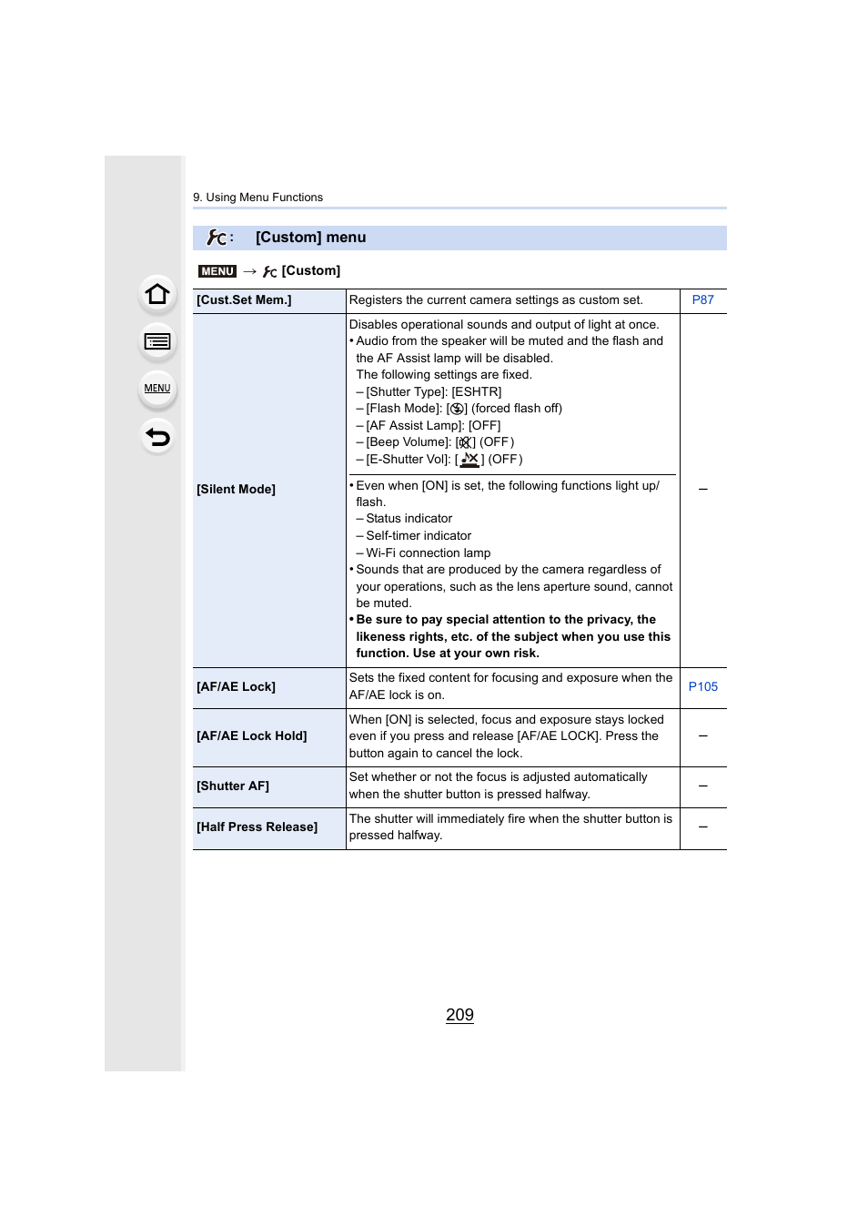 Custom] menu, P209, P209) | Panasonic Lumix DMC-G85M User Manual | Page 209 / 338