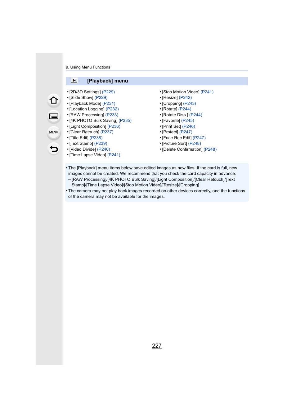 Playback] menu, P227), P227 | Panasonic Lumix DMC-G85M User Manual | Page 227 / 338