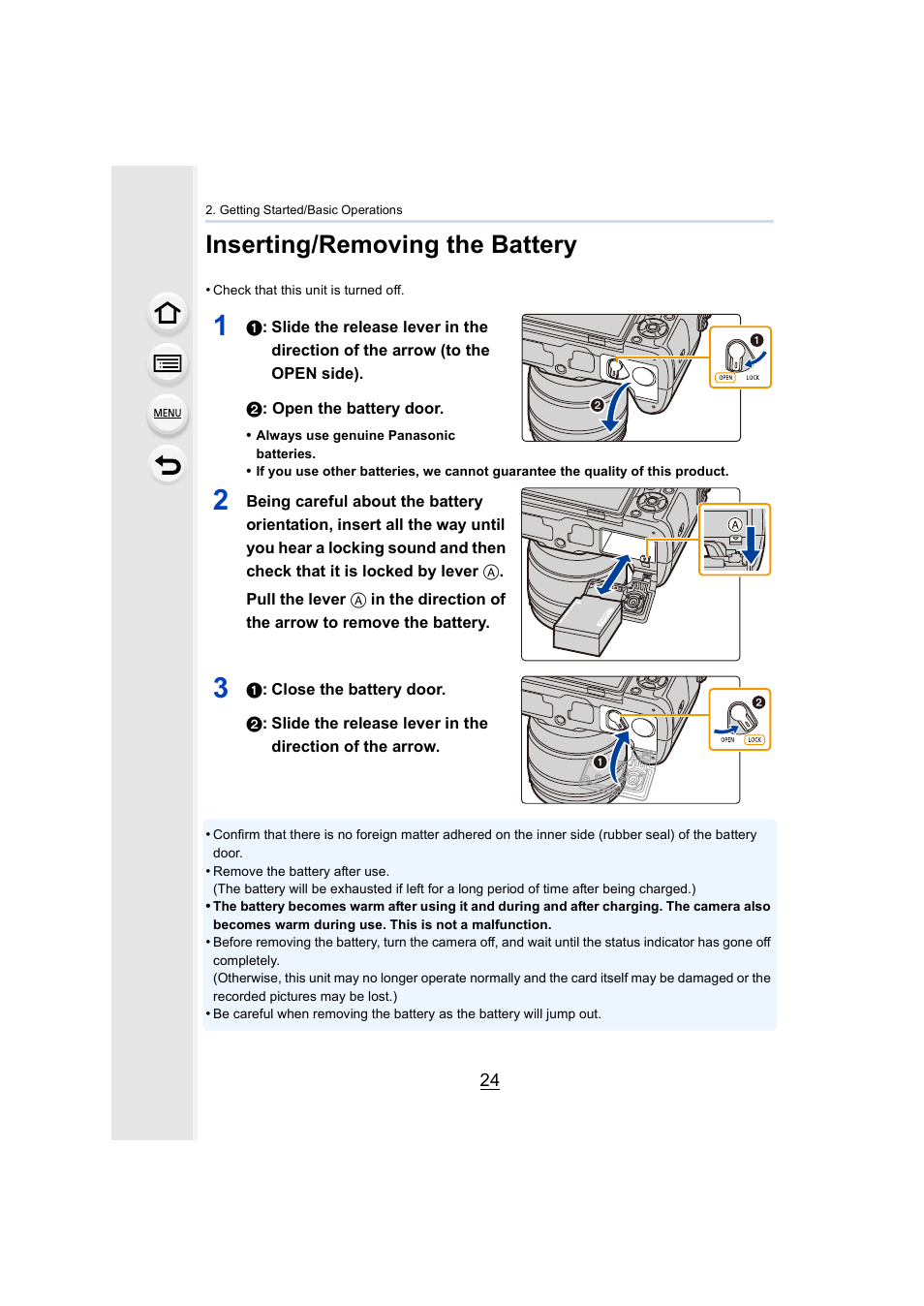 Inserting/removing the battery, Ry door, P24) | Release lever | Panasonic Lumix DMC-G85M User Manual | Page 24 / 338