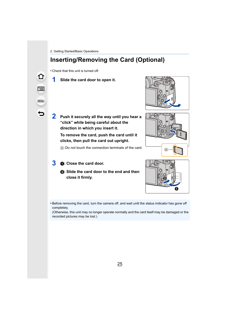 Inserting/removing the card (optional), P25) | Panasonic Lumix DMC-G85M User Manual | Page 25 / 338