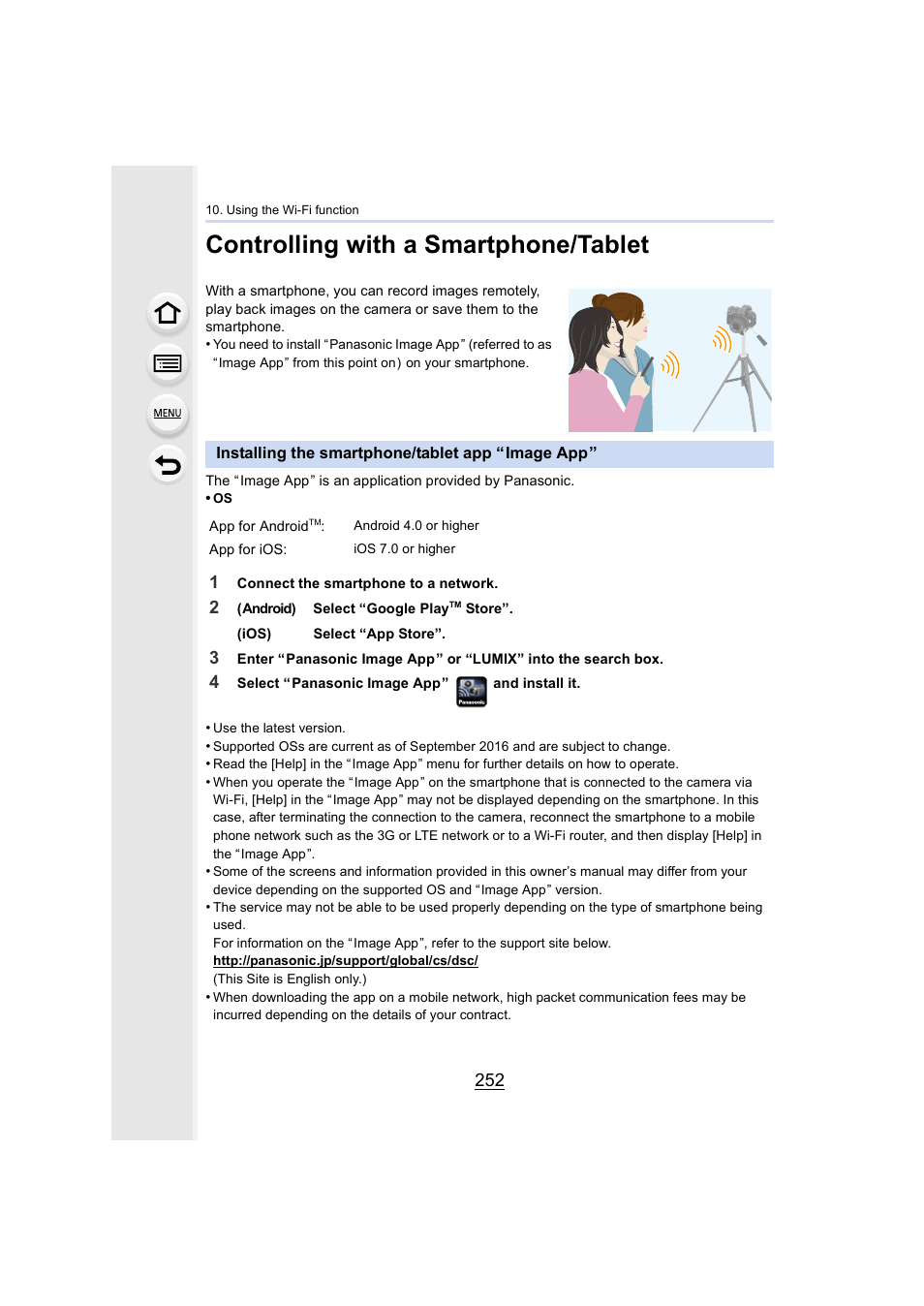 Controlling with a smartphone/tablet, Installing the smartphone/tablet app “ image app, Installing the smartphone/tablet app “image app | P252, P252) | Panasonic Lumix DMC-G85M User Manual | Page 252 / 338
