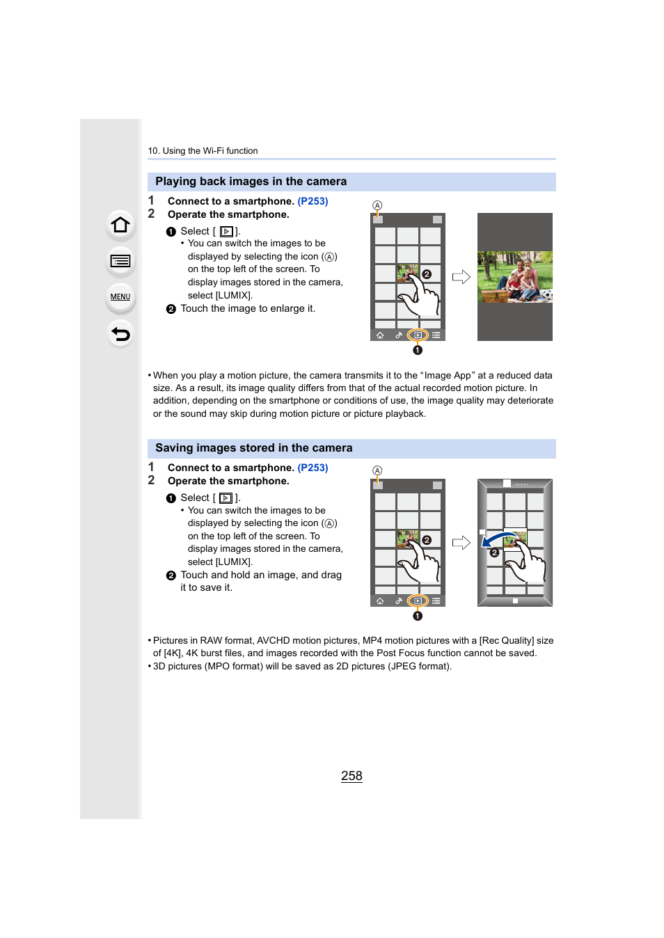 Playing back images in the camera, Saving images stored in the camera, P258 | P258) | Panasonic Lumix DMC-G85M User Manual | Page 258 / 338