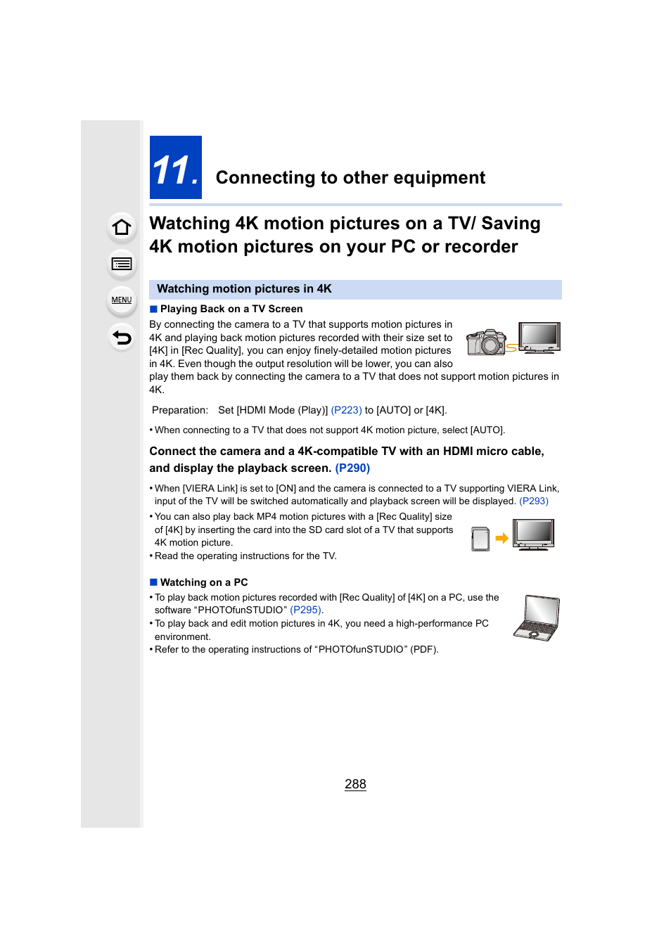 Connecting to other equipment, Watching motion pictures in 4k, P288 | Panasonic Lumix DMC-G85M User Manual | Page 288 / 338