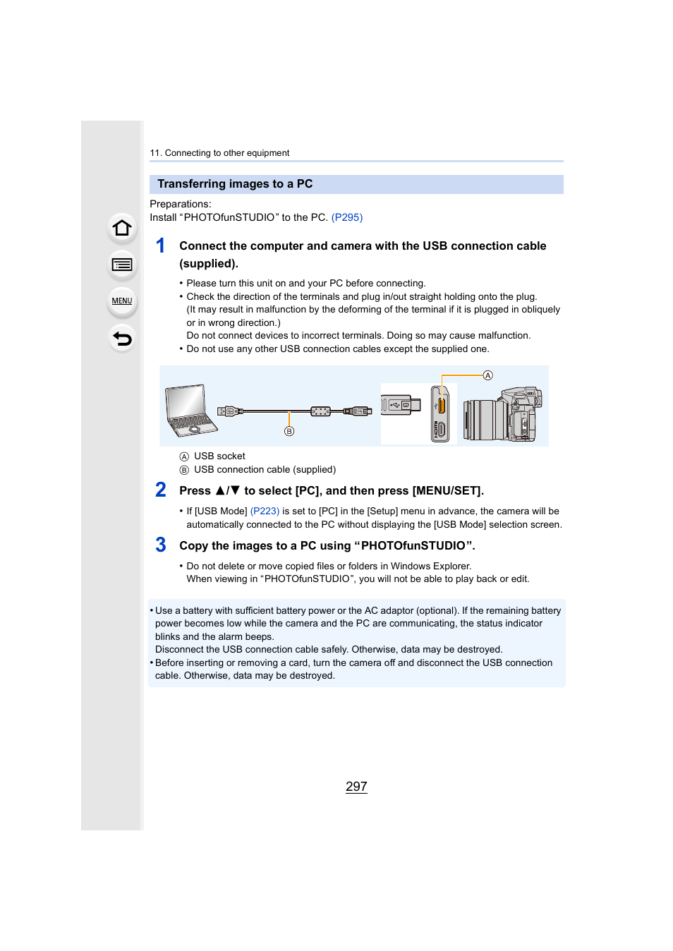 Transferring images to a pc, Usb socket, P297 | Panasonic Lumix DMC-G85M User Manual | Page 297 / 338