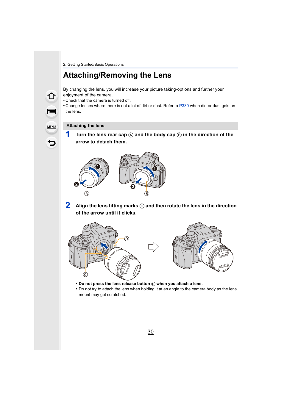 Attaching/removing the lens, Lens fitting mark, P30) | Panasonic Lumix DMC-G85M User Manual | Page 30 / 338