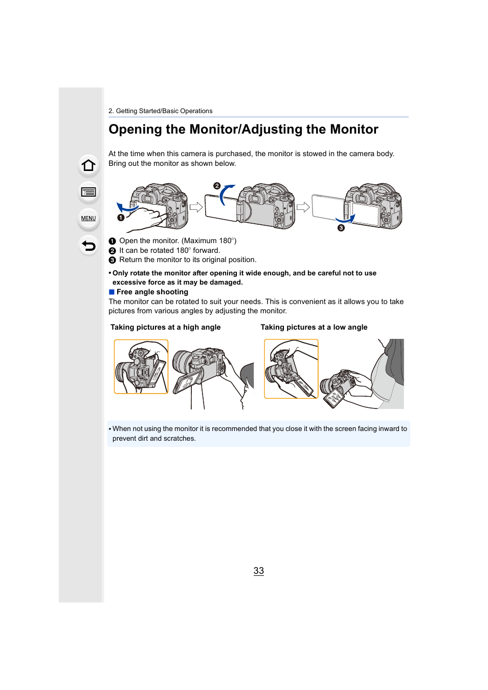 Opening the monitor/adjusting the monitor | Panasonic Lumix DMC-G85M User Manual | Page 33 / 338