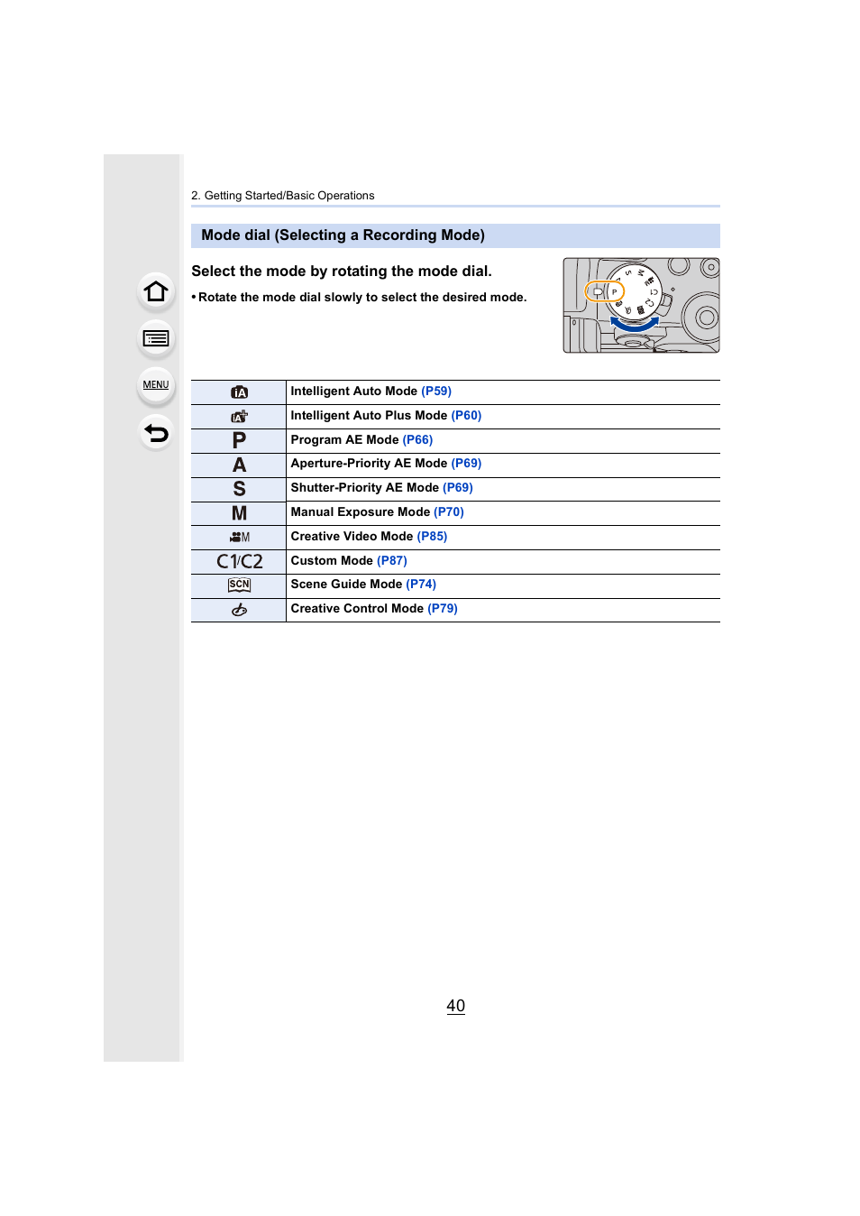 Mode dial (selecting a recording mode), Dial, P40) | Panasonic Lumix DMC-G85M User Manual | Page 40 / 338