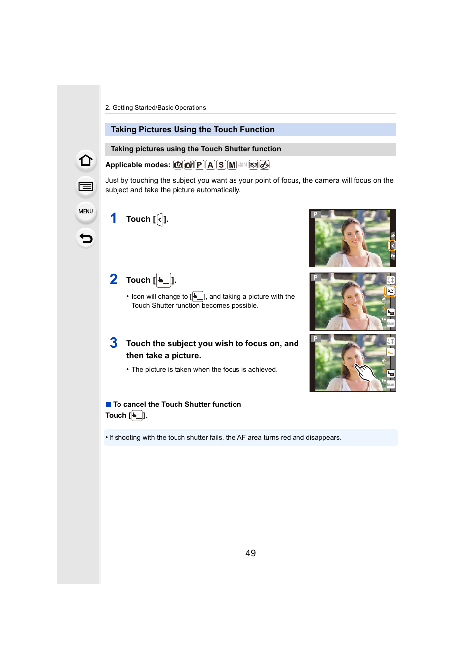 Taking pictures using the touch function | Panasonic Lumix DMC-G85M User Manual | Page 49 / 338