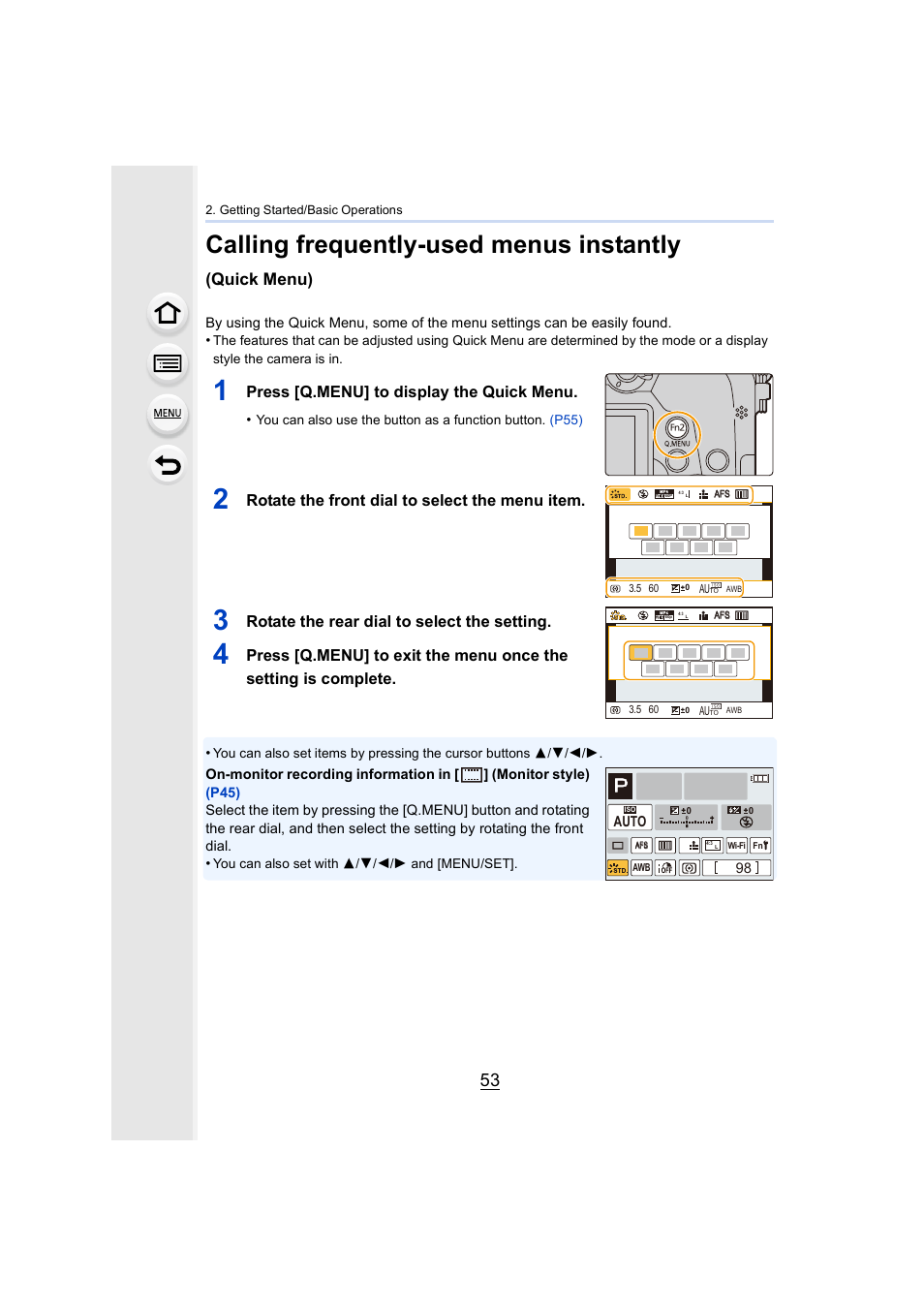 Nu] button, P53), Fn2] button | Calling frequently-used menus instantly, Quick menu), Press [q.menu] to display the quick menu, Rotate the front dial to select the menu item, Rotate the rear dial to select the setting | Panasonic Lumix DMC-G85M User Manual | Page 53 / 338