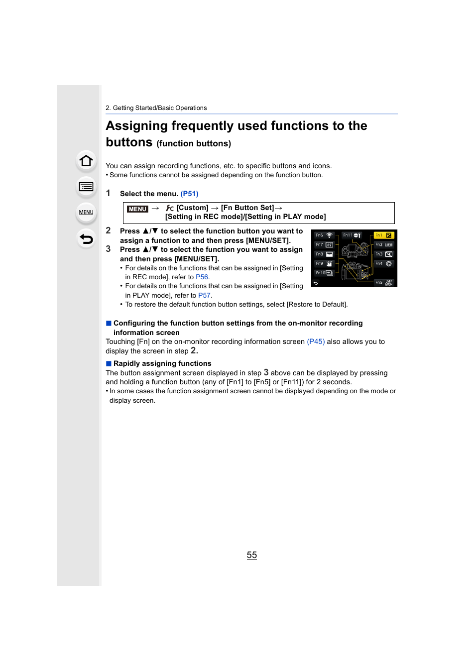 P55), Button, Assigning frequently used functions to the buttons | Panasonic Lumix DMC-G85M User Manual | Page 55 / 338