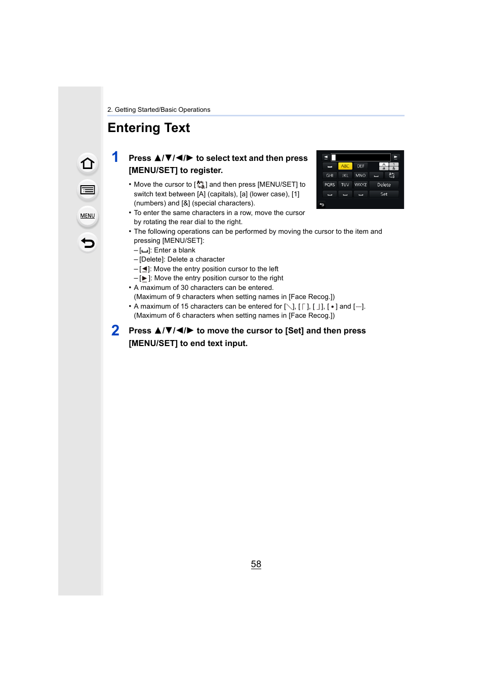 Entering text | Panasonic Lumix DMC-G85M User Manual | Page 58 / 338