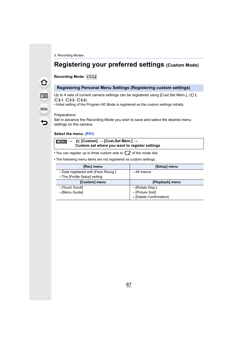 Registering your preferred settings (custom mode), P87), Registering your preferred settings | Panasonic Lumix DMC-G85M User Manual | Page 87 / 338