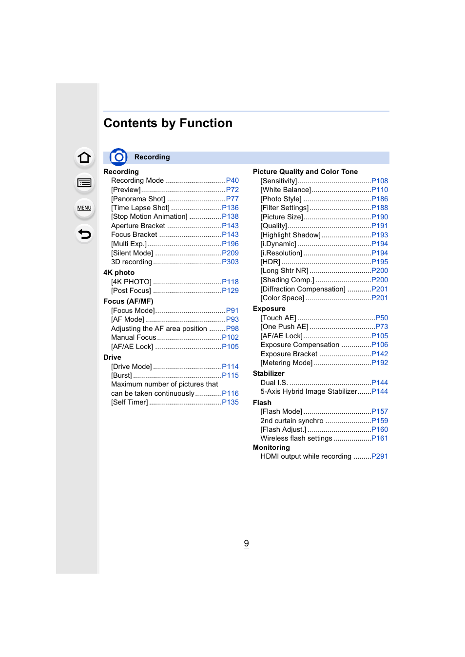 Contents by function | Panasonic Lumix DMC-G85M User Manual | Page 9 / 338