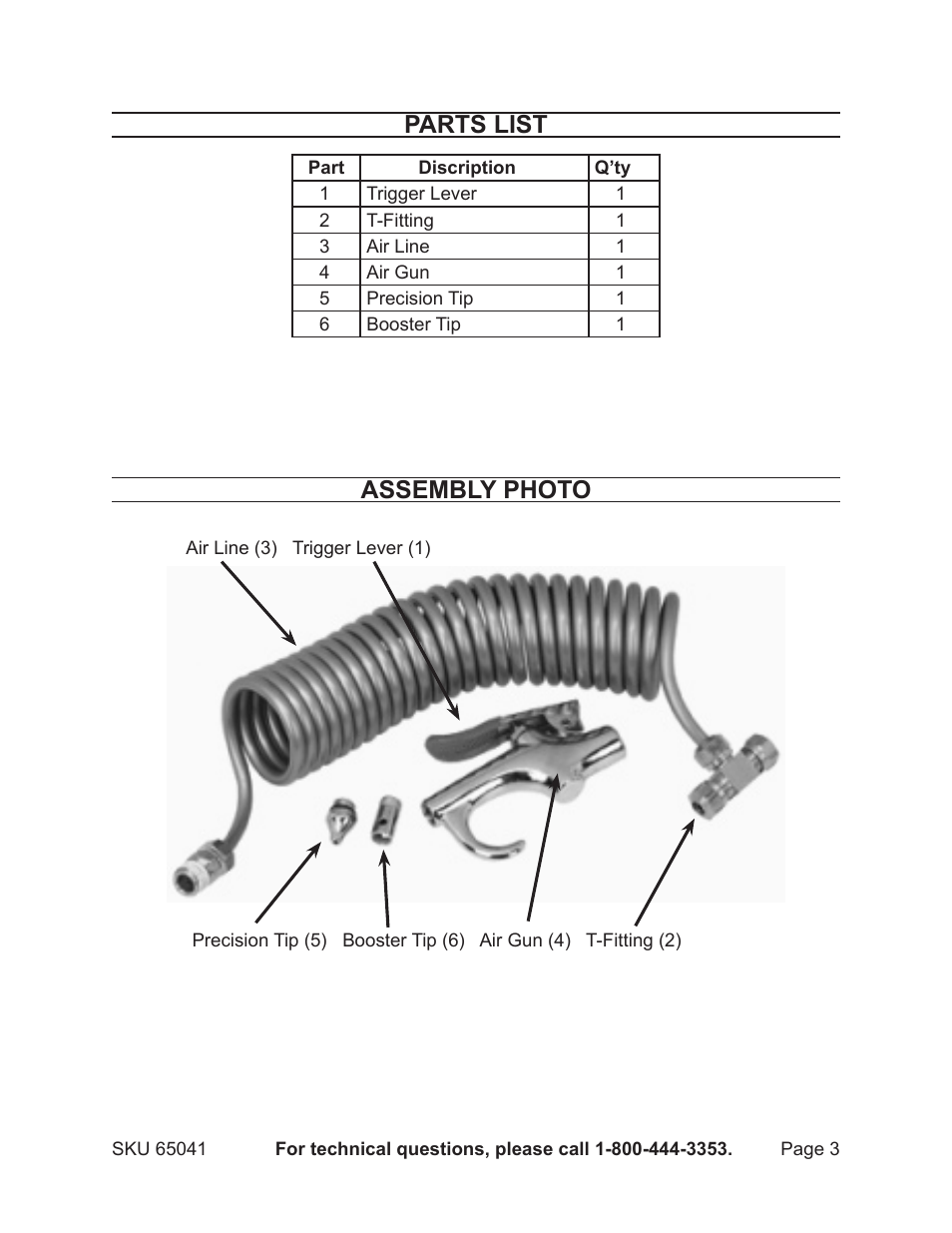 Parts list, Assembly photo | Harbor Freight Tools Model 65041 User Manual | Page 3 / 4