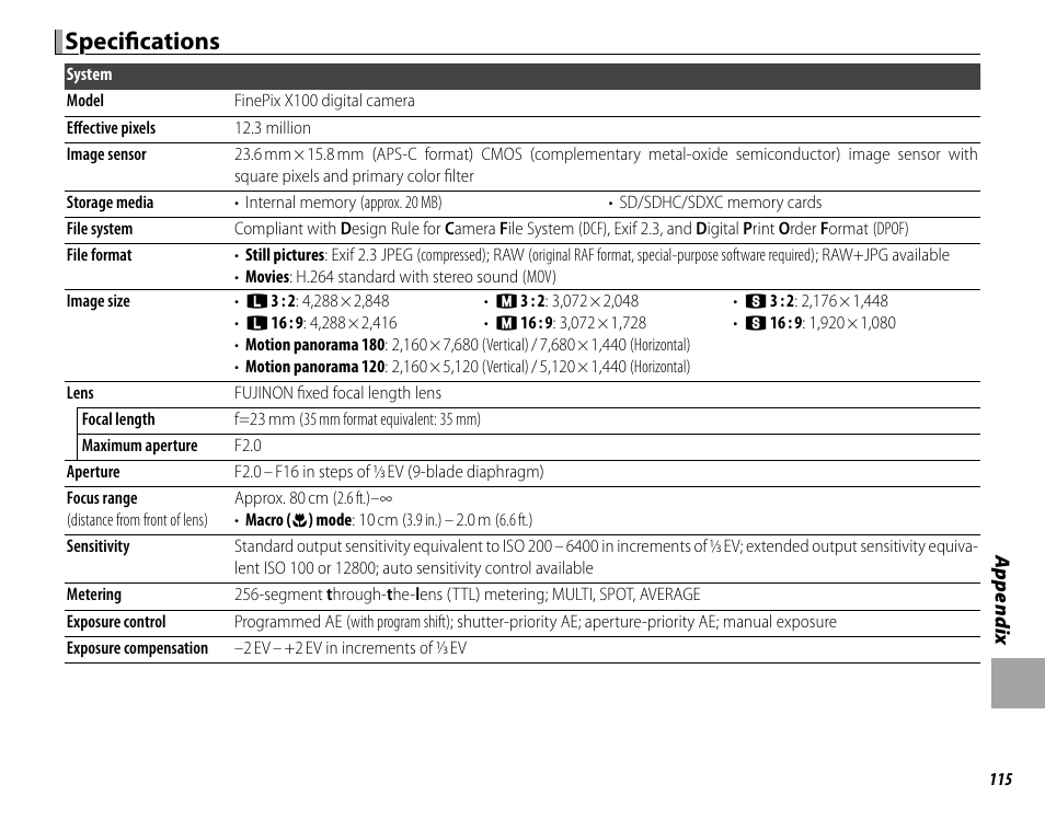 Specifi cations | FujiFilm X100 User Manual | Page 131 / 140