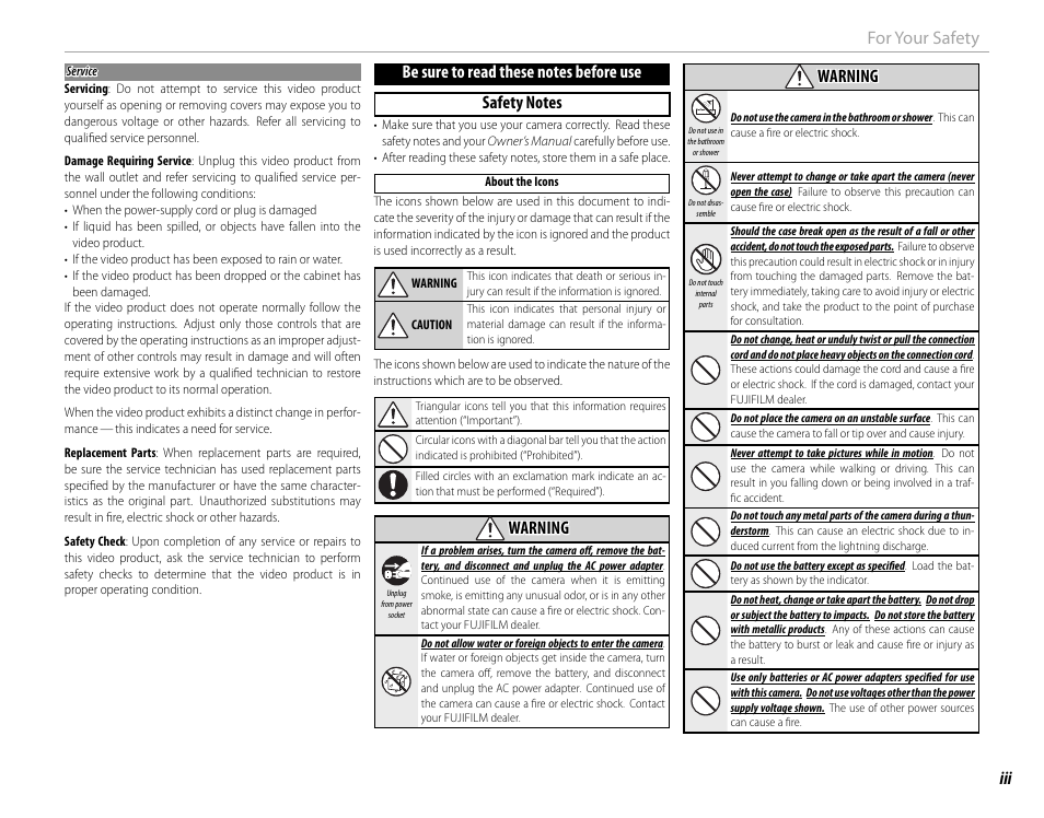 Iii for your safety, Warning warning | FujiFilm X100 User Manual | Page 3 / 140