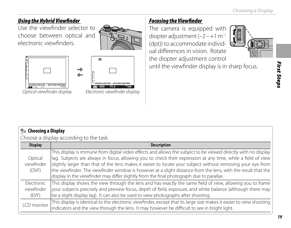 Fi rs t s te p s, Choosing a display | FujiFilm X100 User Manual | Page 35 / 140