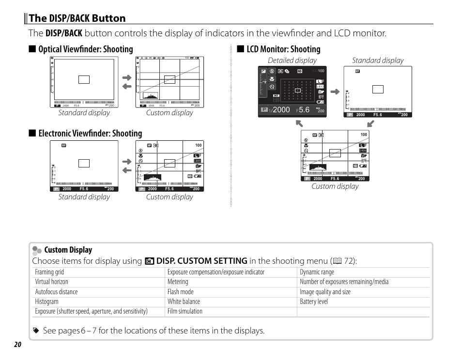 The disp/back disp/back button button, Electronic viewfi nder: shooting, Lcd monitor: shooting | Standard display custom display, Detailed display standard display, Custom display | FujiFilm X100 User Manual | Page 36 / 140