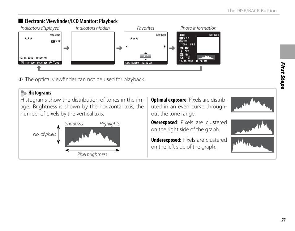 Electronic viewfi nder/lcd monitor: playback, Fi rs t s te p s, The disp/back buttion | Pixel brightness no. of pixels shadows highlights | FujiFilm X100 User Manual | Page 37 / 140