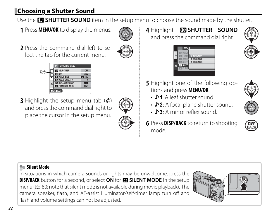 Choosing a shutter sound, Press menu/ok to display the menus, Highlight the setup menu tab | Press disp/back to return to shooting mode | FujiFilm X100 User Manual | Page 38 / 140