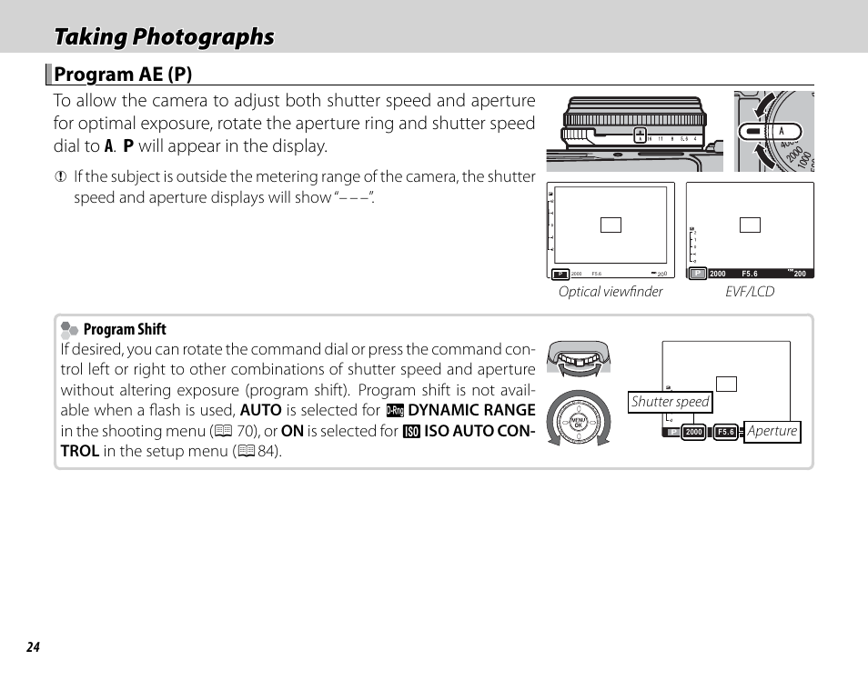 Taking photographs, Program ae (p), Program shift | FujiFilm X100 User Manual | Page 40 / 140