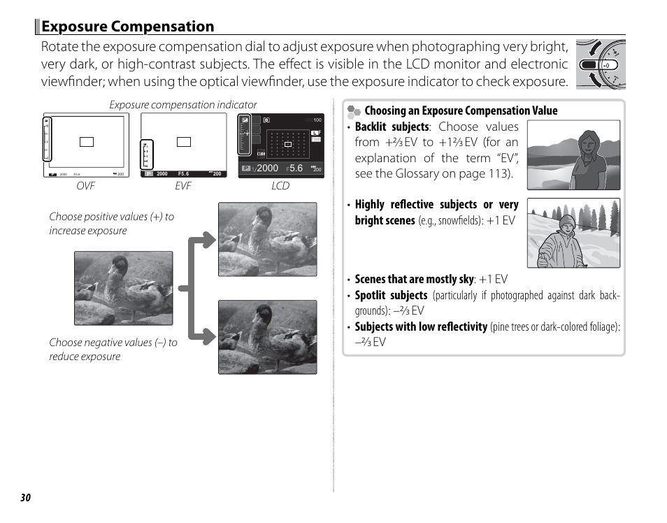 Exposure compensation, Choosing an exposure compensation value, 3 ev to +12 | 3 ev | FujiFilm X100 User Manual | Page 46 / 140