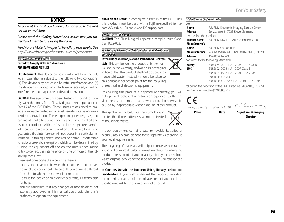 Vii for your safety notices | FujiFilm X100 User Manual | Page 7 / 140