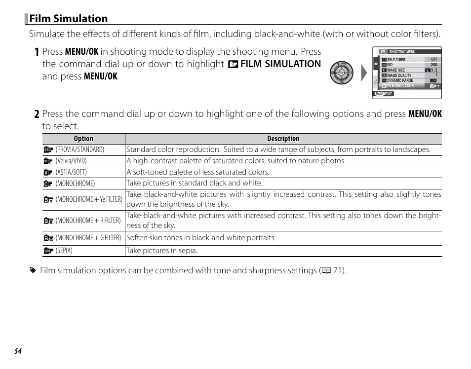 Film simulation, Film simulation and press menu/ok | FujiFilm X100 User Manual | Page 70 / 140