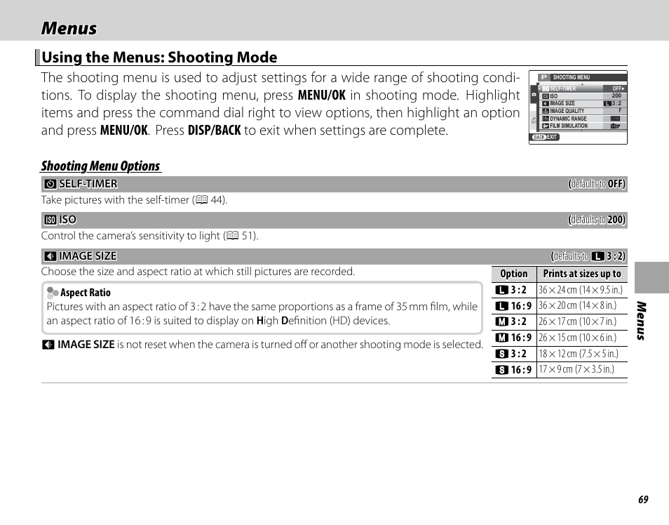 Menus, Using the menus: shooting mode, Shooting menu options | FujiFilm X100 User Manual | Page 85 / 140