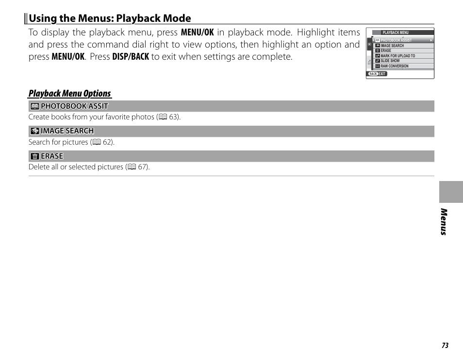 Using the menus: playback mode, Playback menu options | FujiFilm X100 User Manual | Page 89 / 140