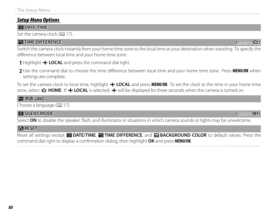 Setup menu options | FujiFilm X100 User Manual | Page 96 / 140