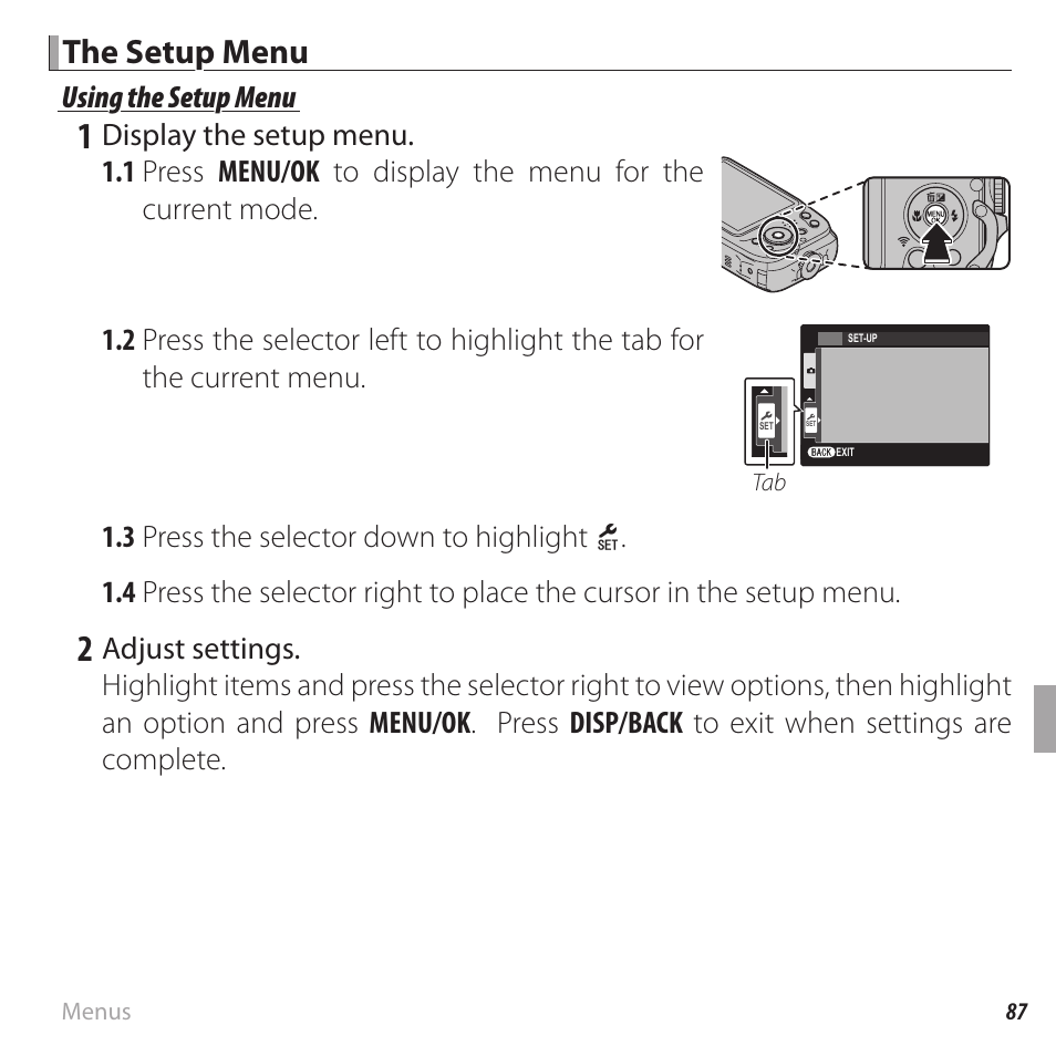 The setup menu, Using the setup menu | FujiFilm FinePix XP120 User Manual | Page 105 / 138