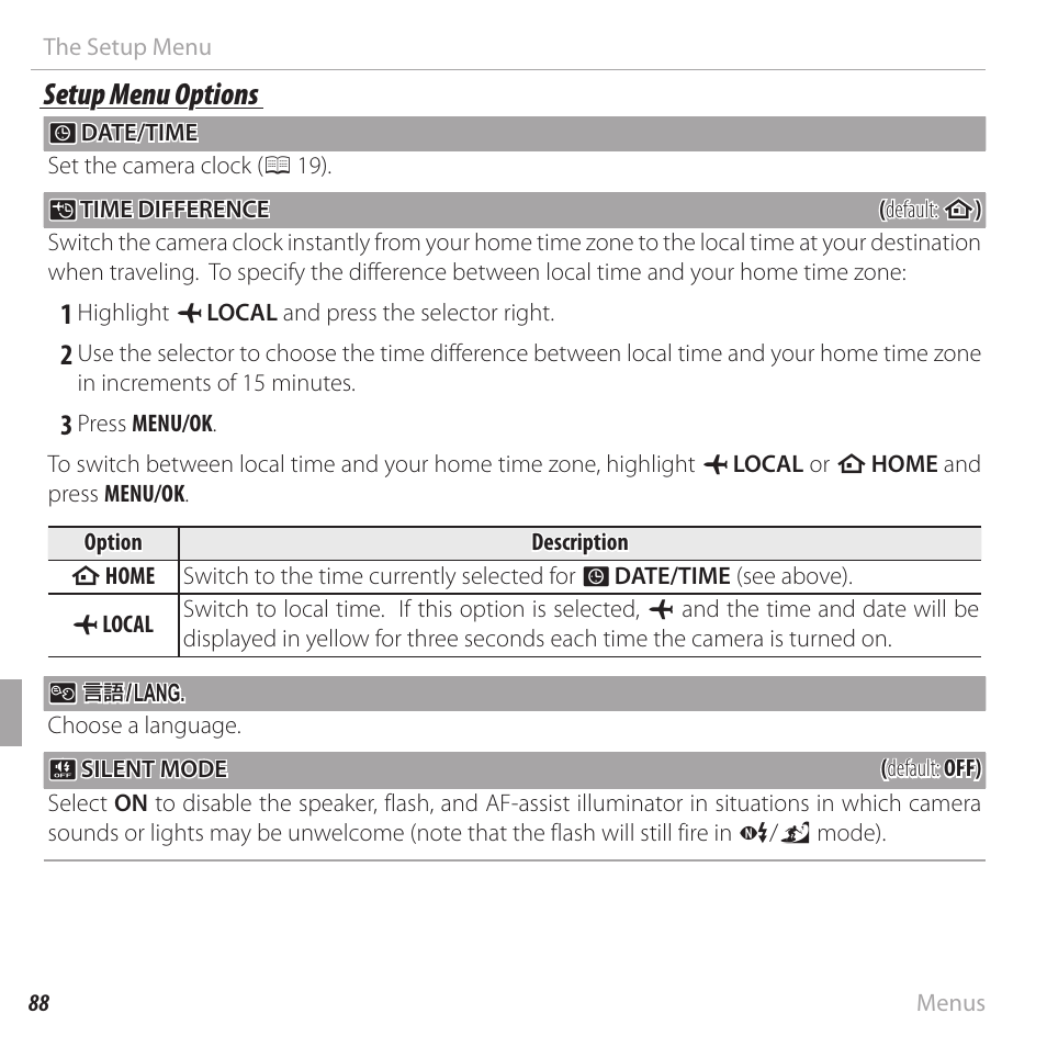 Setup menu options | FujiFilm FinePix XP120 User Manual | Page 106 / 138